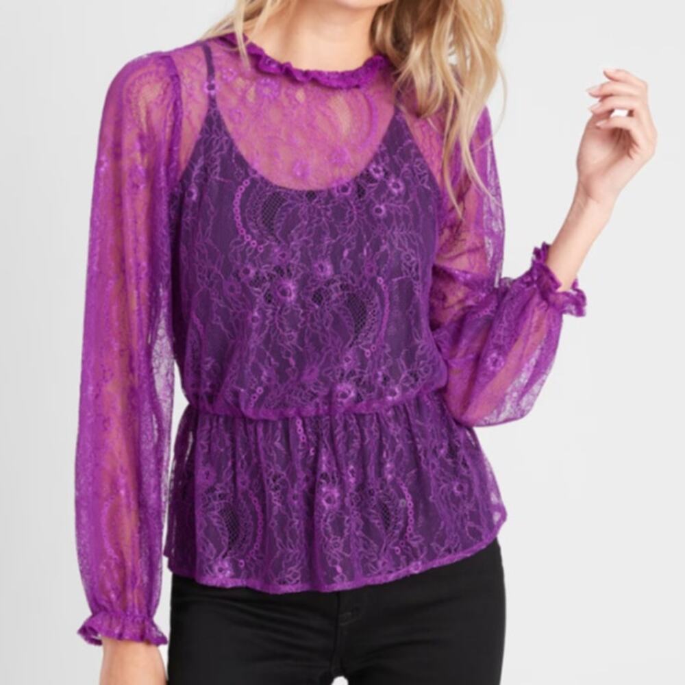 Banana Republic Womens Sheer Lace Peplum Blouse PL Whimsigoth Fairycore Layering